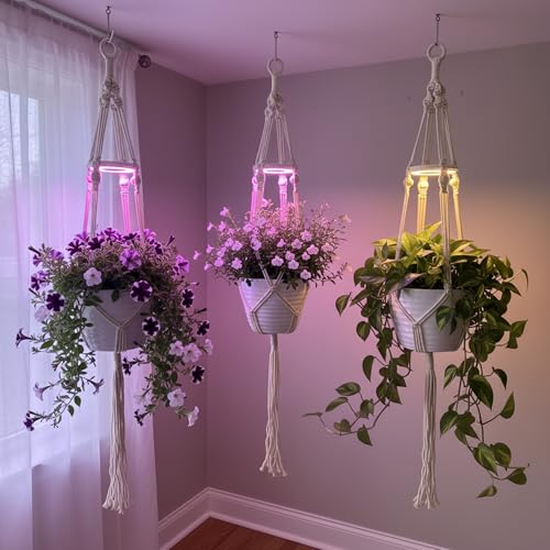 Hanging Plant Grow Lights for Indoor Plants with Timer | Wall Mounted Full Spectrum Pendant Growing Light with Macrame Plant Hanger, Ceiling LED Planta Luz for Potted Plants - size: 1 Pack