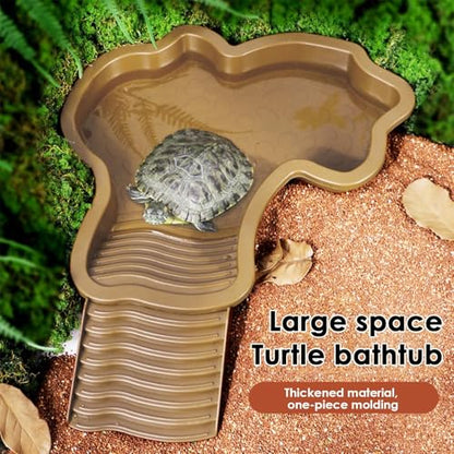 Reptile Water Pool Turtle Pool | Turtle Soaking Tub with Ladder Turtle Pool Scenery for Gecko, Turtle, Bearded Dragon, Aquatic Climbing Pet, Amphibians - color: Brown