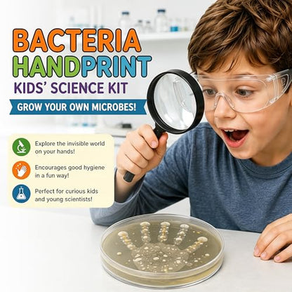 Kids Bacteria Handprint Kit - 2 Giant 150mm Prepoured Agar Petri Dishes | Fun STEM science kit with 2 giant sterile agar plates, magnifying glass & swabs for kids' handprint experiments. - color: Kids Bacteria Handprint Kit