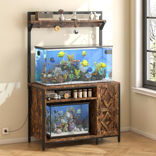 kepptory 75-120 Gallon Diamond Fish Tank Stand with Power Outlet | 55 Gallon Heavy Duty Aquarium Cabinet with Display Shelf and 4 Hooks,Classic Black - color: Brown, size: 40.9"L x 20.5"W x 69.1"H
