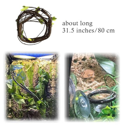 Bearded Dragon Hammock,Lizard Lounger,Natural Seagrass Reptile Hammocks with Hanging Plants Climbing Jungle Vines Flexible Leaves Habitat Decoration for Lizard Geckos Snakes (4 PCS)