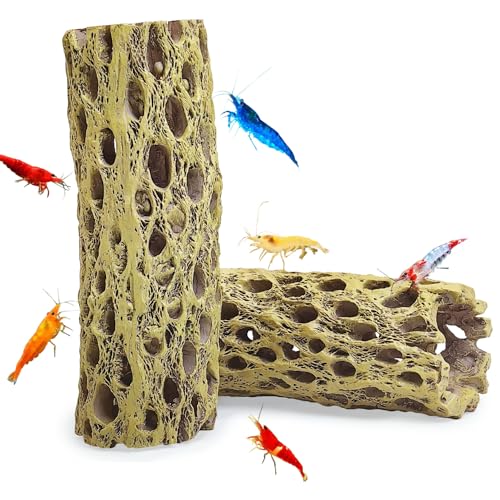 kathson Resin Cholla Wood Aquarium Shrimp Hideout Fake Fish Tank Hollow Log Hideawy Reptile Climbing Corner Branch Hermit Crab Terrarium Ornament Decoration (2 Packs)