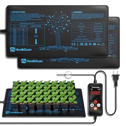 Hon&Guan 2 Packs 10"x 20.75" Seedling Heat Mat with Digital Thermostat | PVC/PET layers, IP67 surface, 41-113°F control, 0-24h timer, overheating protection, for seedlings, brewing and reptiles - size: 10"x 20.75" 2 Pack