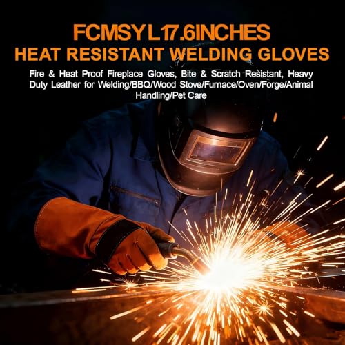 17.6Inches Heat Resistant Welding Gloves, Fire & Heat Proof Fireplace Gloves, Bite & Scratch Resistant, Heavy Duty Leather for Welding/BBQ/Wood Stove/Furnace/Oven/Forge/Animal Handling/Pet Care - size: 17.6 inches