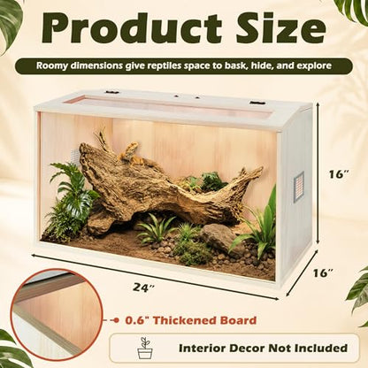 Bearded Dragon Tank,Wooden Reptile Tank and Lizard Tank,Tempered Glass Large Bearded Dragon Enclosure with Built-in Lamp Fixture (24X16X16inch,24 Gallons) - color: Wooden Roof, size: 24X16X16inch,24 Gallons
