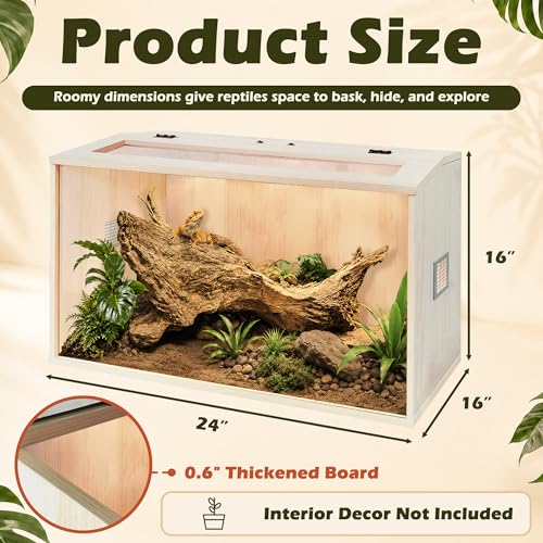 Bearded Dragon Tank,Wooden Reptile Tank and Lizard Tank,Tempered Glass Large Bearded Dragon Enclosure with Built-in Lamp Fixture (24X16X16inch,24 Gallons) - color: Wooden Roof, size: 24X16X16inch,24 Gallons