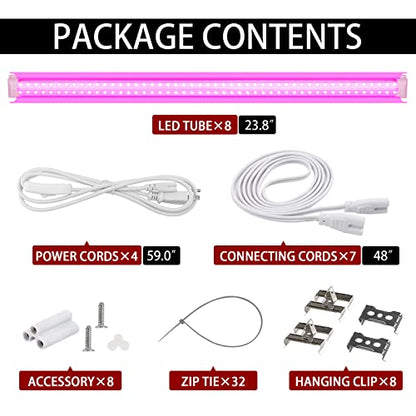 Grow Light for Plants, T8, 2FT, 24W, Full Spectrum, 8 Pack, Linkable | Indoor Grow Light with Reflector, 8x24W High PPFD, Full Spectrum Pink Light , Linkable, Aluminum for Seedlings & Succulents