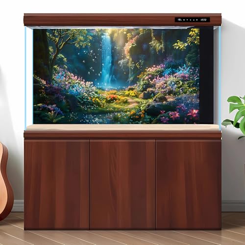 Waterfall Aquarium Background Vibrant Oasis Sunlight Cascades Greenery Fish Tank Background Majestic Waterfall Tranquil Pool Reptile Tank Backgrounds Blossom Butterfly Terrarium Backgrounds 24x12in - color: Dark_Blue, size: 24(W)x12(H)inches/ 60(W)*30cm(H