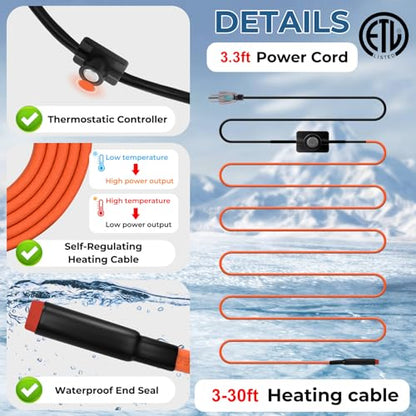 15FT Heat Tape for Water Pipes Freeze Protection IP65 Waterproof 8W/FT 110V BDDFOTO Water Pipe Heat Cable With Thermostat Self-Regulating Pipe Heater for House Garden/RV Camper - style: 15 FT