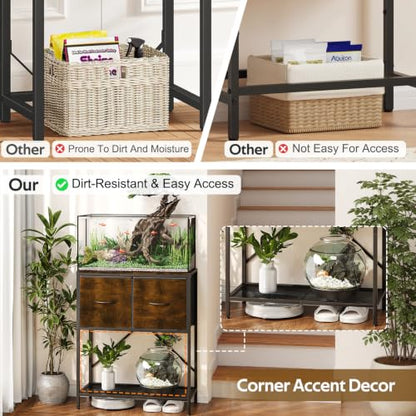 5-20 Gallon Fish Tank Stand, 3-Tier Heavy Duty Metal Aquarium Table | Vintage Wood Reptile Tank Stand with Drawers for Living Room & Office, 200LBS Capacity, 24.8x12.6x31.5 In