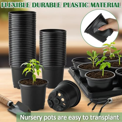 RooTrimmer 4 Inch Plastic Plant Pots 60 Pcs and 12 Cell Nursery Pots Trays 5 Pcs, Thick Sturdy Seeds Starting Germination Shuttle Carrying Trays, Black Small Planter Nursery Propagation 5 Sets - color: Black + Black, size: 4 Inch 60 Pack Pots With 5 Pack