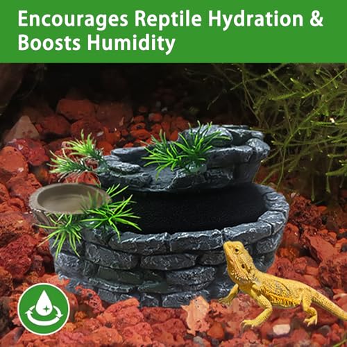 550ML Reptile Water Fountain with Food Dish – Terrarium Drinking Fountain for Bearded Dragon, Gecko, Chameleon, Lizard, Tree Frog & Turtle – Keeps Water Clear, Easy-to-Use Water Dispenser