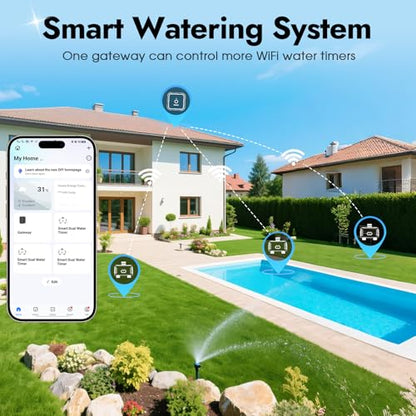 2 Zones WiFi Water Timer Brass Inlet and Outlet, Sprinkler Timer for Garden Hose, APP Remote Control WiFi Hose Timers with Gateway, Voice Control with Alexa, Rain Delay and Manual Mode for Watering - color: Black Grey