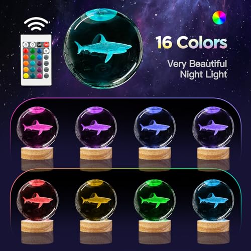 3D Crystal Ball Night Light with Wooden Base, 3.15" Shark Glass Ball Lamp, 16 Colors, Remote Control, Cool Desk Decor - color: Shark