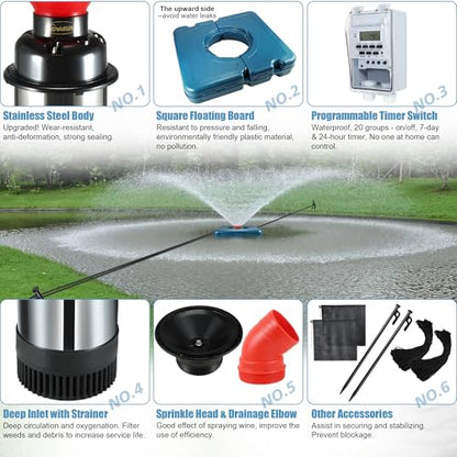 Goldlife Pond Fountain Aerator F2 1HP 750W 15000GPH Floating Fountains Pump | 110V, Stainless Steel Auto Powerful Aerating Fountain Pump For Small/Large Pond Lake, Eye-Catching Water Spary, Boosts Oxygen - color: Blue B
