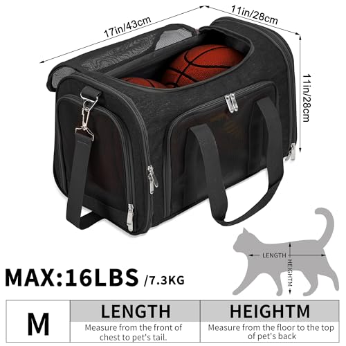 Soft-Sided Cat/Dog/Pet Carrier, Collapsible Pets Travel Carriers | for Big Cats/Small Dogs with Shoulder Strap & Removable Mat, Mesh Puppy Carry Bag, Up to 16 Lbs, TSA Airline Approved(Black) - color: BLACK, size: 17"L x 11"W x 11"H