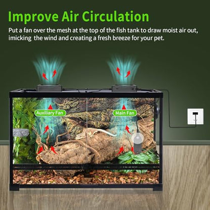 Reptile Ventilation Fan with Hygrometer & Temperature Display, Auto Adjusting Humidity & Temperature, for Aquariums & Insect Tanks, 2-Pack
