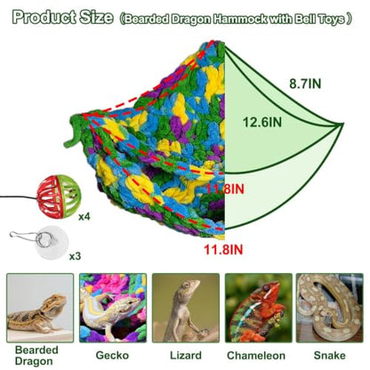 Bearded Dragon Hammock Lounger with Suction Cups Bells,Double-Layer Reptile Hammock, Soft Hanging Lizard Bed Climbing Toys Swing Tank Accessories for Lizard Gecko Chameleon Snake (Blue)