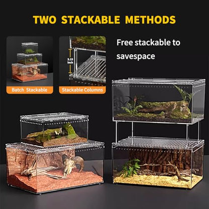 【No Assembly】 Reptile Tank Enclosure with Magnetic Button.16" * 10" * 8" Thicken Snake Enclosure Cage,Batch Stackable Reptile Breeding Tank for Insect,Fish,Tarantula,Hermit Crab,Jumping Spider - size: 16" * 10" * 8"
