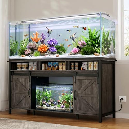 VOWNER 75-120 Gallon Fish Tank Stand with Power Outlet for 2 Tanks, Grey | Farmhouse Aquarium Stand with Storage Cabinet & Sliding Barn Doors, Heavy Duty Reptile Tank Stand, 1000LBS Capacity - color: Grey