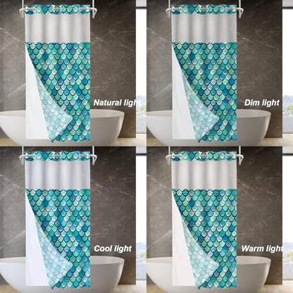 Turquoise Fish Scale Pattern No Hooks Shower Curtain with Snap in Liner Set, Blue Mermaid Scale Texture Tub Curtainn Mesh Top Window & Magnetic Hem Waterproof 35.5X74 Inch - color: Fish Scale 1 Blue03, size: 35.4"W x 74"L (Pack of 1)