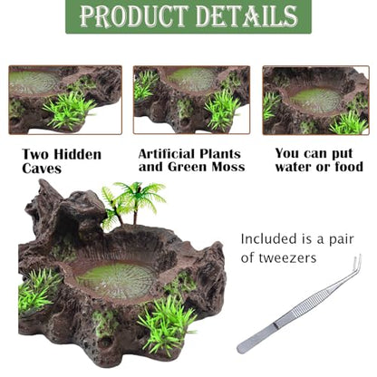 kathson Resin Reptile Bowl Bearded Dragon Food Dish Lizard Water Dish Reptiles Feeding Bowls with Feeder Tweezer for Leopard Gecko Tortoise Chameleon Water Frog Hermit Crab