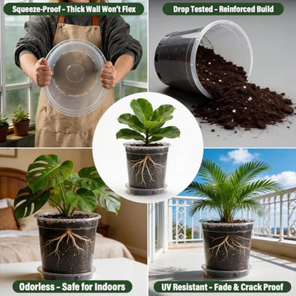 BTPLASTIK 1/2/3/5 Gallon Clear Nursery Pots with Saucers 4 Size Set 12P, Round Plastic Plant Pots with Drainage Holes - size: 1/2/3/5 Gallon + Saucers 12P