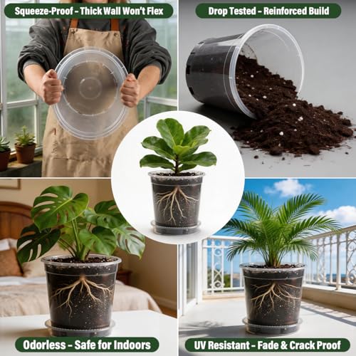 BTPLASTIK 1 Gallon Clear Nursery Pots with Saucers 10P, 6.5 Inch Round Plastic Plant Pots with Drainage Holes - size: 1 Gallon + Saucers 10P