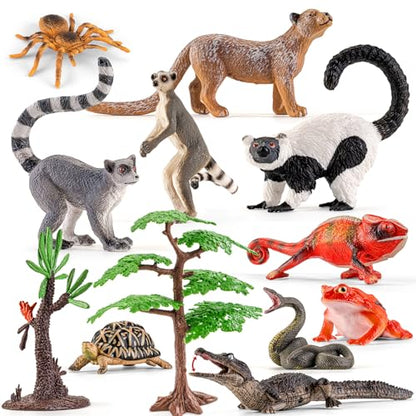 12PCS Realistic Madagascar Animal Figurines Toys Plastic Jungle Animals | Figures Playset, Lemur, Chameleon, Tortoise, Frog, Crocodile, Snake with Tree Valentine's Day Gifts for Kids - style: 12PCS Madagascar Reptile Animals
