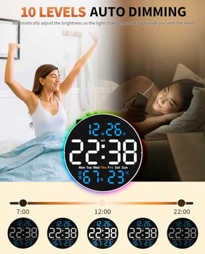 10 Inch Large Digital Wall Clock with 9 Color Changing Remote Control, Date Week Temperature, Auto Brightness Dimmer Big Clock with Night Lights,Blue - color: Blue