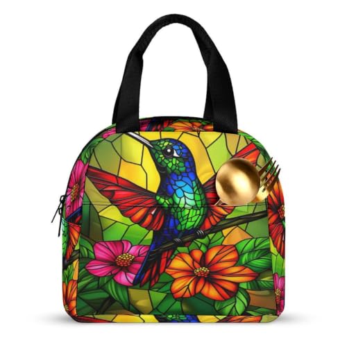 Stained Glass Hummingbird Lunch Bag for Women Men | Insulated Lunch Box Leakproof Food Meal Containers Reusable Foldable 6L Capacity Lunch Tote Bags for Work Picnic Travel - color: style-12