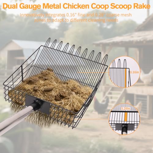 Reptilux Chicken Poop Scooper Adjustable Long Handle - Stainless Steel Sifter Shovel for Sand & Hemp Bedding - Metal Coop Scoop Rake - Chicken Accessories for Poultry, Dog & Cat Litter
