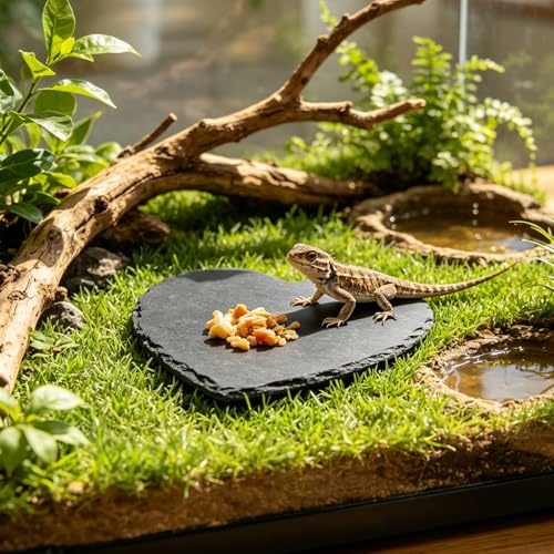 Reptile Basking Platform, 8" x 7.8" Tortoise Habitat Accessories Rock Plate, Heart Shape Natural Rock Reptile Food Dish, Habitat Decor for Turtle Bearded Creature Chameleon Frog Gecko Hermit Crab