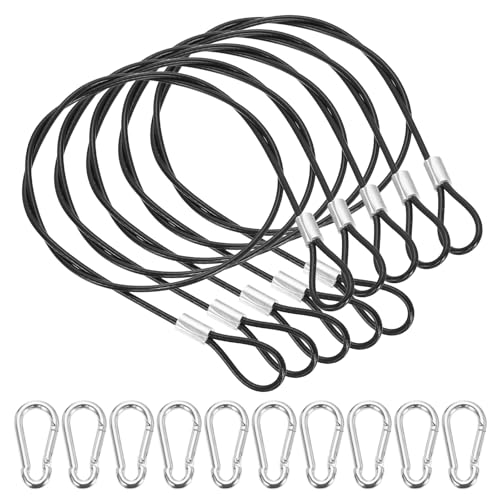 PATIKIL 20.5 Inch Safety Cable Lock, 5 Pcs 304 Stainless Steel Security Wire Ropes Double Loop Anti-Theft Safety with 10 Spring Buckles for Bicycles Luggage Stage Lighting, Black - color: Black, size: 20.5 Inch
