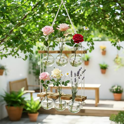 Plant Propagation Station Wall Hanging with 2 Tiered Wooden Stand | Plant Terrarium for Hydroponics Plants, Unique Gardening Gifts for Women Mom Plants Lovers - 6 Bulb Glass Vases - size: 2 Tiers - 6 Vases