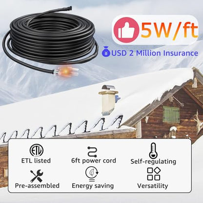 HEATIT JHSF1 Self-Regulating Heating Cable, Roof & Pipe Protection, 100FT | Pre-Assembled Heat Cable Prevents Roof Ice Dams and Pipe Freezing, Providing Automatic Winter Freeze Protection - color: 5W/FT, style: 100-Feet