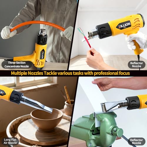 1800W Heat Gun, 100℉ to 1200℉ Heat Shrink Gun with 4 Nozzles | Variable Hot Air Gun with 2 Wind Speeds & 5 Temp Settings, 4 Nozzles For Crafts, Shrink Tubing, DIY Projects & PVC Bending - color: Yellow-4