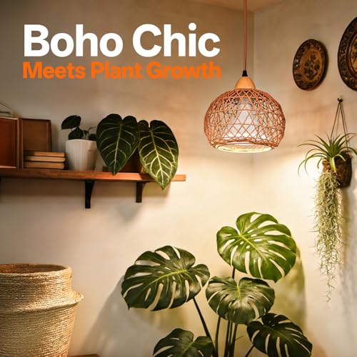 Hanging Grow Light for Indoor Plants 18W | Full Spectrum Plant Light, With 4H/9H/14H Timer, Boho Rattan Shade, 3800K Hanging Lights for Indoor Plants - size: Rattan Lantern-Hanging