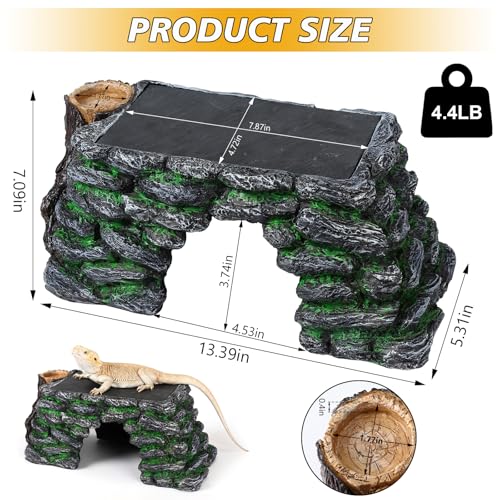 3 in 1 Large Bearded Dragon Basking Platform 13.4x7.1x5.3 in Scape Step Ledge Cave Hideout Natural Rock Reptile Food Bowl Reptile Tank Accessories for Lizard, Geckos, Ball Pythons, Tortoise