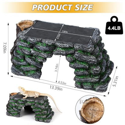3 in 1 Large Bearded Dragon Basking Platform 13.4x7.1x5.3 in Scape Step Ledge Cave Hideout Natural Rock Reptile Food Bowl Reptile Tank Accessories for Lizard, Geckos, Ball Pythons, Tortoise
