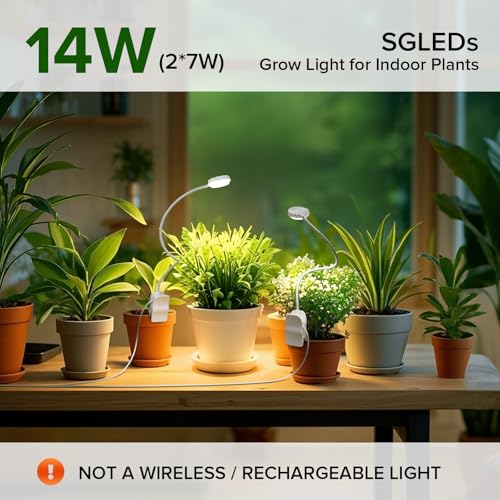 Clip-On Grow Lights for Indoor Plants, 2-in-1 Dual Head Timer | Flexible gooseneck arms bend to aim each head; 4000K full spectrum LED with CRI 95 and 4 dimming levels for leafy