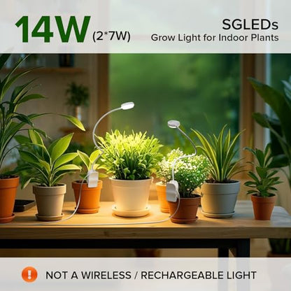 Clip-On Grow Lights for Indoor Plants, 2-in-1 Dual Head Timer | Flexible gooseneck arms bend to aim each head; 4000K full spectrum LED with CRI 95 and 4 dimming levels for leafy