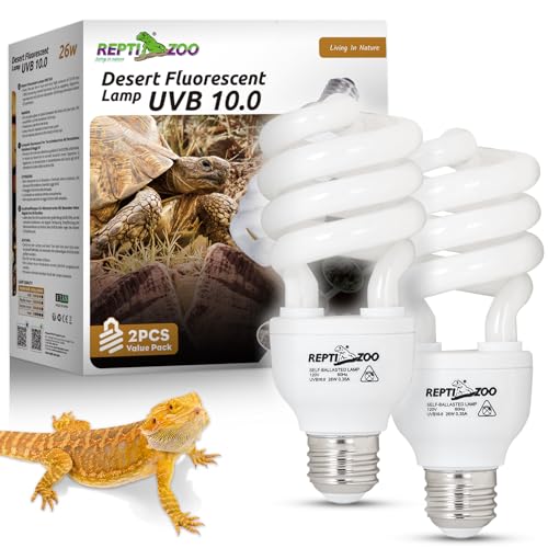 REPTI ZOO UVB Light for Desert Reptile 2 Pack, 10.0 26W UVA UVB Reptile Light Bulb, UVB Spiral Compact Lamp for Bearded Dragons Tortoises Lizards Snakes - size: 10.0 26W