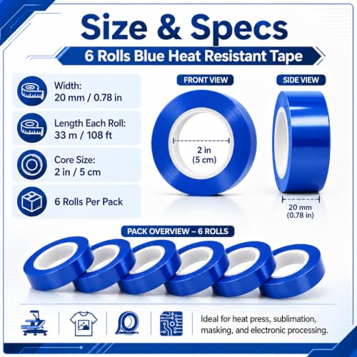 UTNVBTR 6 Rolls 20mm x33m(108ft) Blue Heat Resistant Tape，Heat Transfer Tape for Heat Sublimation Press Vinyl，and Fixing of Electronic Parts During Processing，No Residue