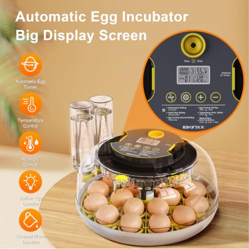 IBKINXX Incubator for Hatching Eggs-18 Egg Capacity, Newly Upgraded Automatic Egg Turner, Temperature & Humidity Control, 360° Viewing for Chicken, Duck and Quail Eggs (Black) | Automatic Temp & Humidity Control, Auto Egg Turning & Built-in Egg Candler fo