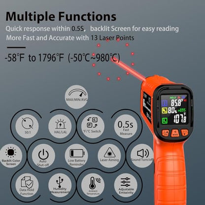 -58°F to 1796°F Infrared Thermometer Gun, Dual-Mode 16:1 | Surface & Internal Temperature Reading，Includes Portable Holster，Humidity & Ambient Temperature Display - color: Orange/-58°F to 1796°F and -58°F to 572°F-holster