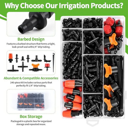 RedChili 240 Pack Drip Irrigation Fittings Kit for 1/4" Tubing, Include Misting Nozzles, Drippers, Stakes, Flat Tees, Single Barbs, Couplers, Valves, Tees, Elbows, Plugs, Crosses for Garden Irrigation - size: 1/4" Connection Kit-240P
