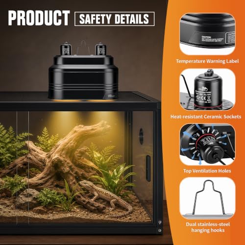 Happy Herps Dual Reptile Lamp Fixture with Independent Switches for pets | Independent switch, E26 ceramic socket, aluminum reflector, fully assembled, fits glass terrariums, 160W max - size: double