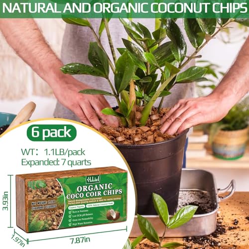 Halatool 6 Pcs Coco Husk Chips for Plants - 6.6 LB 100% Organic Coconut Coir Chips with Low EC and pH Balanced, Compressed Coco Substrate Growing Mulch Medium for Landscaping, Herbs, Plants, Flowers - color: 6pcs