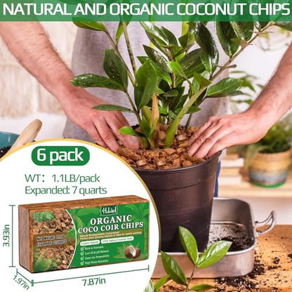 Halatool 6 Pcs Coco Husk Chips for Plants - 6.6 LB 100% Organic Coconut Coir Chips with Low EC and pH Balanced, Compressed Coco Substrate Growing Mulch Medium for Landscaping, Herbs, Plants, Flowers - color: 6pcs